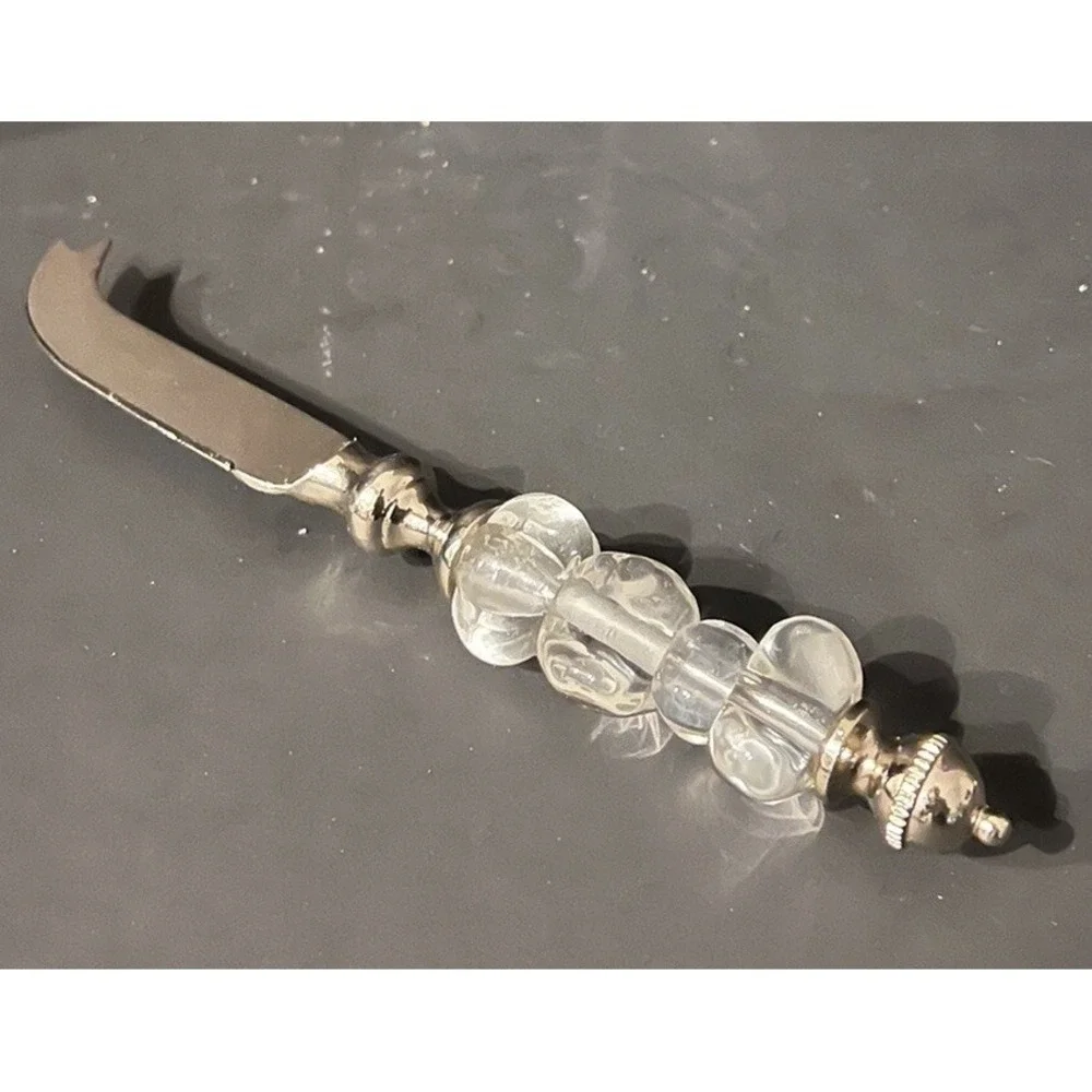 Cheese Knife‎ Stainless Steel Glass Clear White Beaded Handle